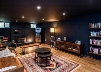 Cozy living room with fireplace and bookshelves.